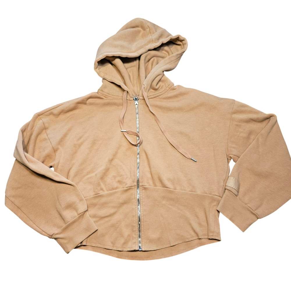 Victoria's Secret Tan Beige Full Zip Cropped Hoodie Wide Ribbed Waistband Large